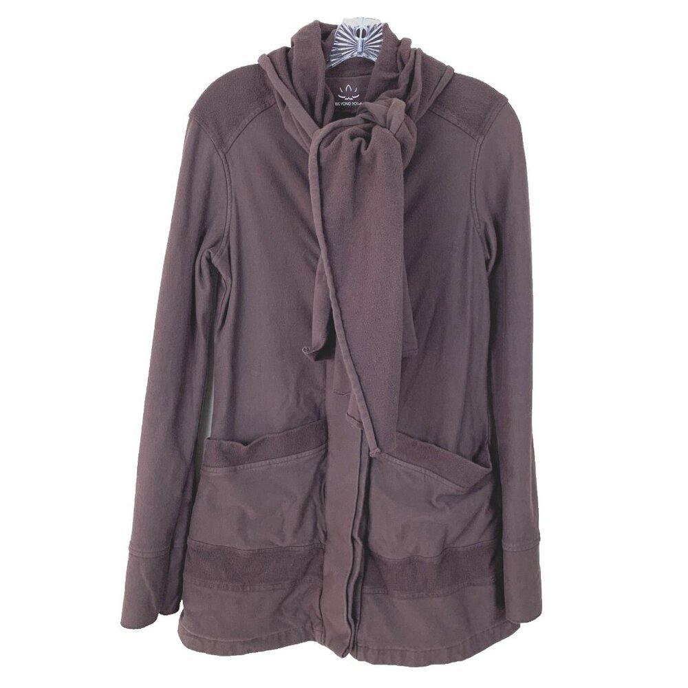 Beyond Yoga Womens M Sweatshirt Jacket Organic Fleece Button Up Scarf Brown